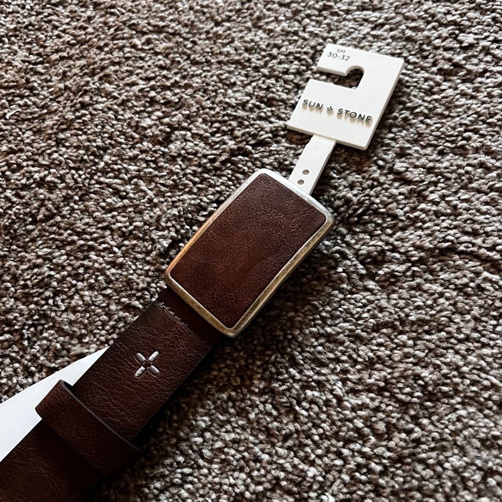 Sun Stone Mens Brown Faux Leather Belt Silver Buckle Small 30-32‎ NWT $42.40